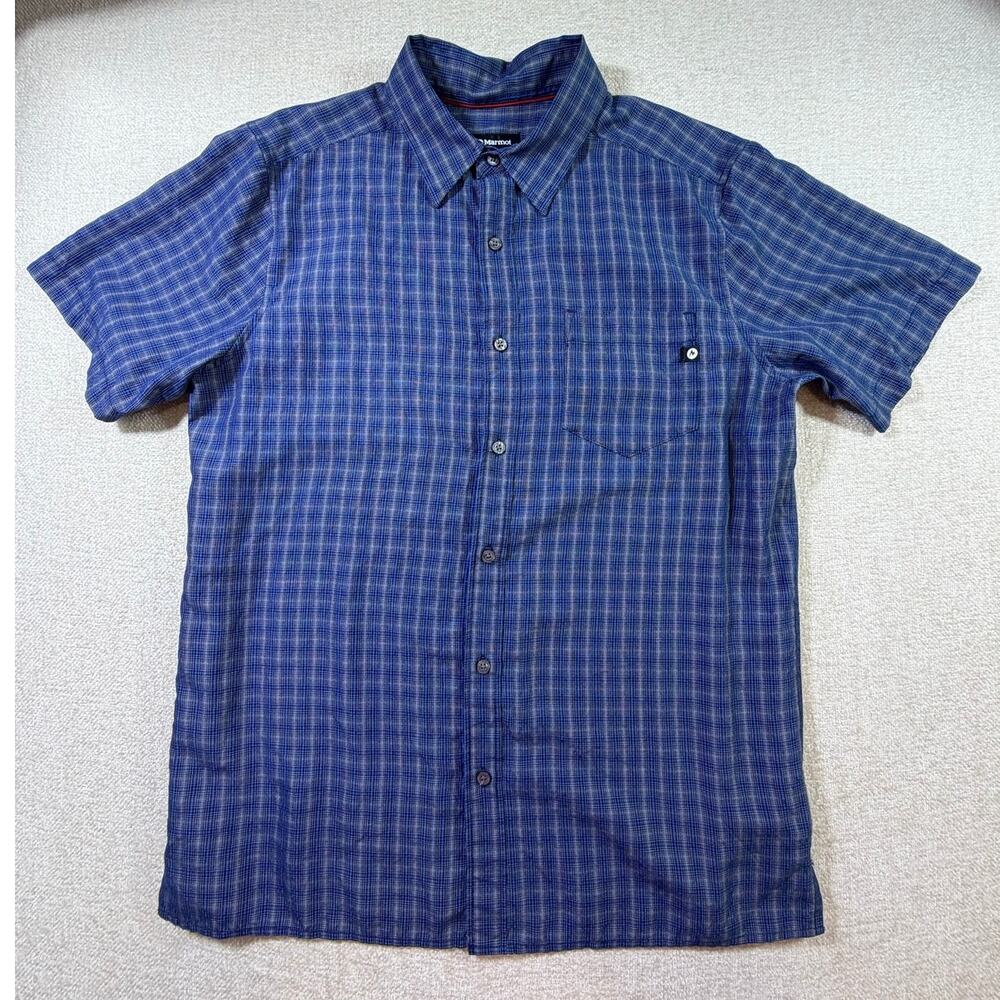 Marmot Men Blue Large Plaid Button Front Outdoor Hiking Travel Casual Shirt